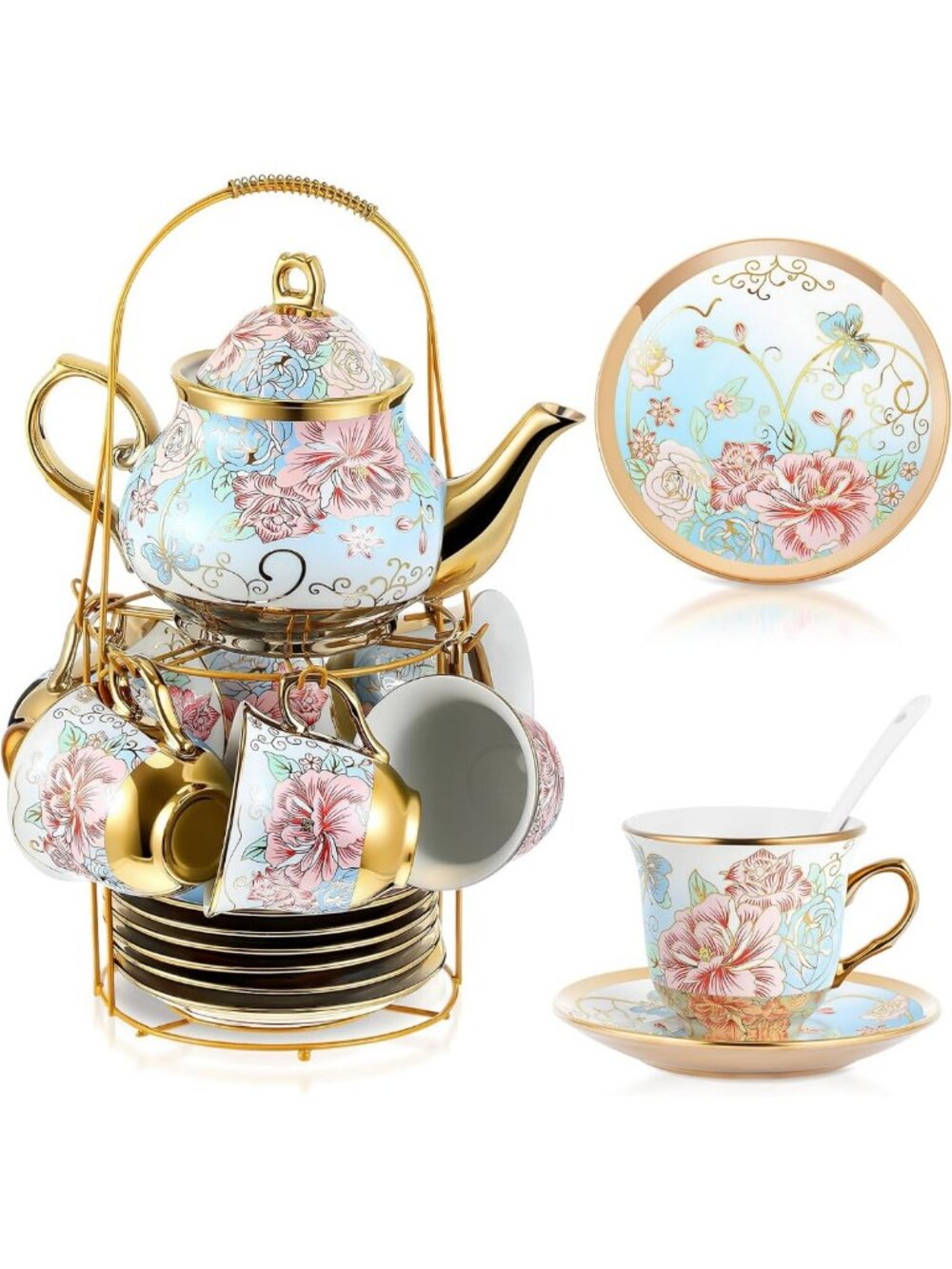 20 Pcs Porcelain Tea Set with Metal Holder - Elegant, Vivid Design for Adults